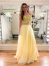 Two Pieces A Line Off the Shoulder Tulle Yellow Prom Dresses with Appliques LBQ2524